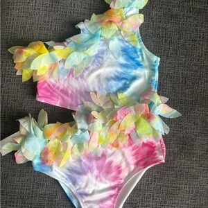 Girls Stella Cove Tie-Dye One-Shoulder Swimsuit w/ Floral Appliqués, Size 8, NWT